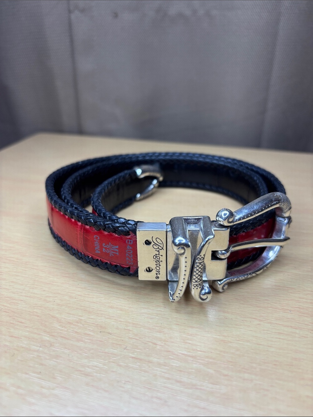 Brighton Red and Black Braided Leather Belt Bag Strap with Silver-Tone Buckle